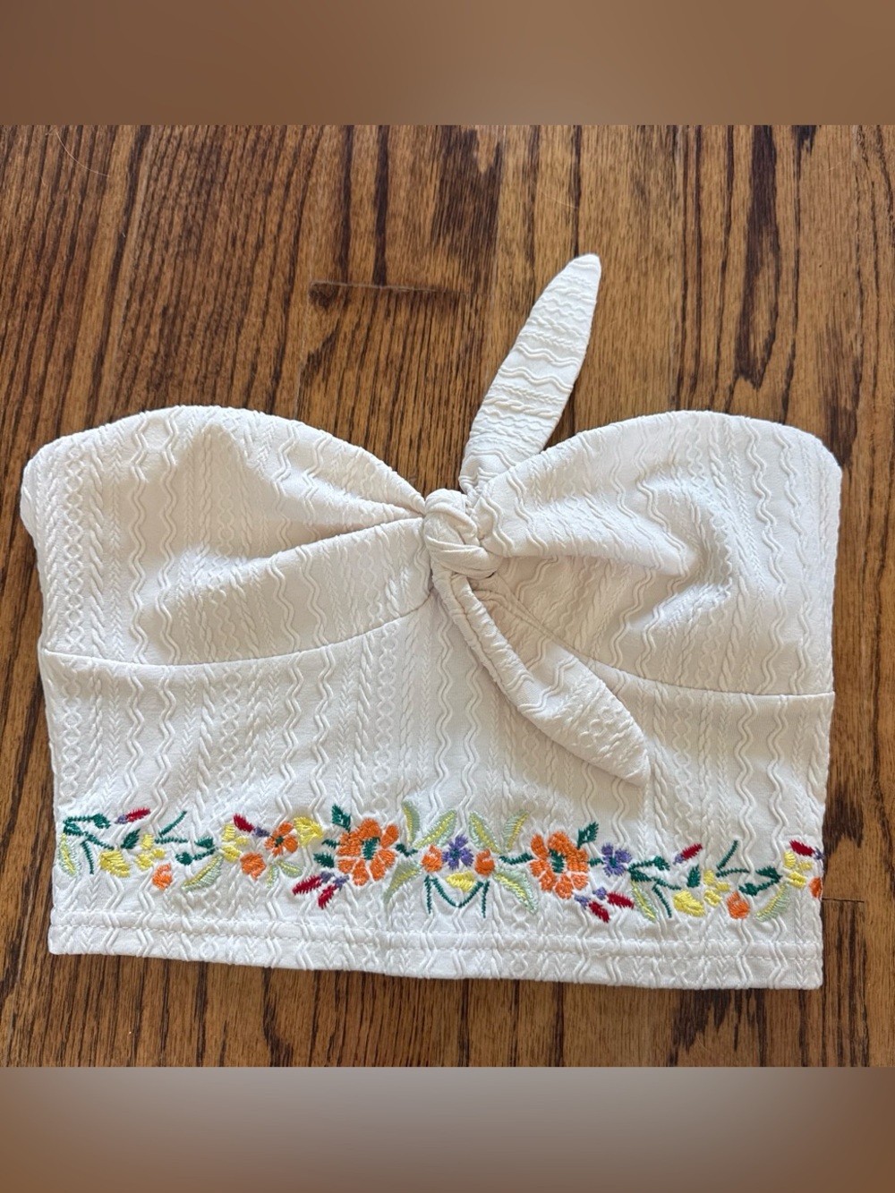 SHEIN White Tie-Front Embroidered Strapless Top